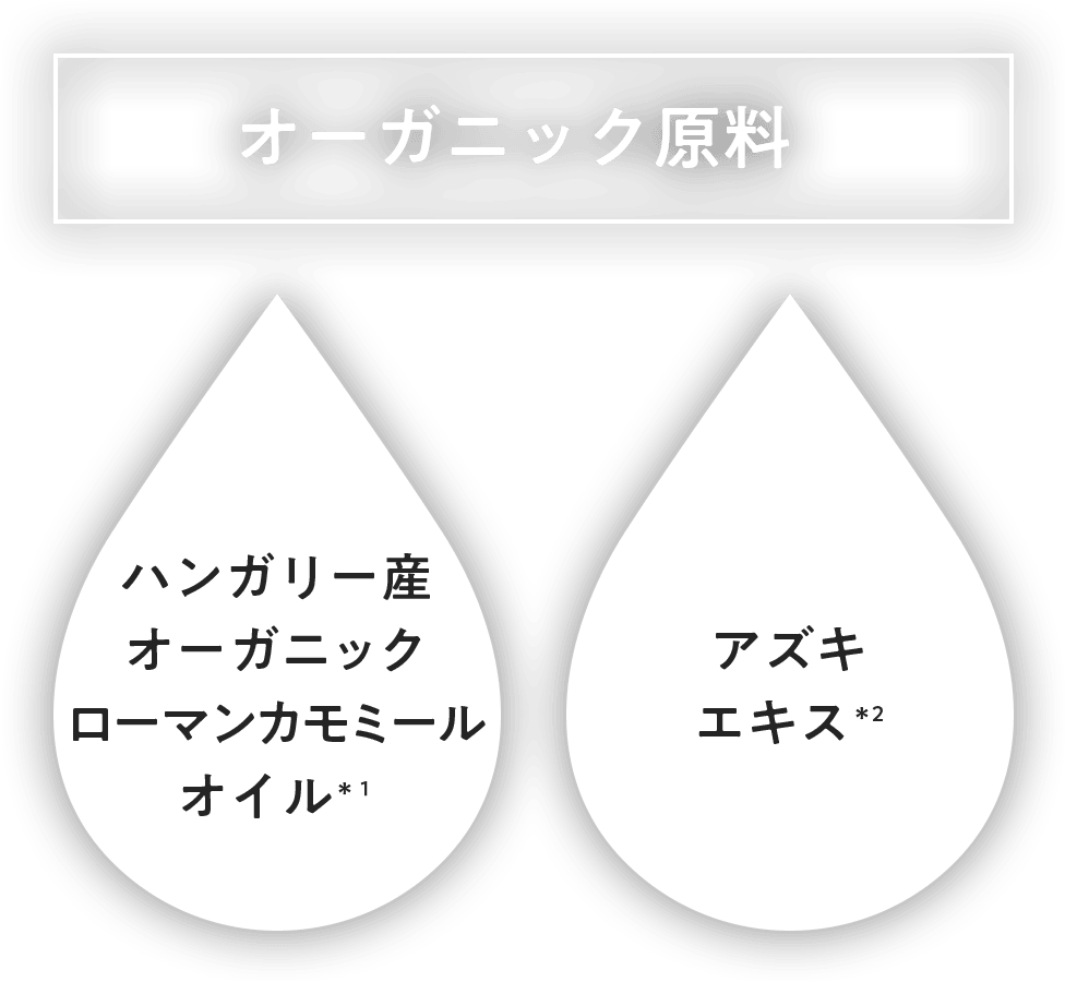 オーガニック原料　ハンガリー産オーガニックローマンカモミールオイル＊1　アズキエキス＊2